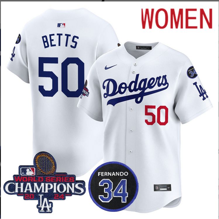 Women MLB Los Angeles Dodgers  #50 Betts white 2024 World Series Champions Patch Limited Jersey